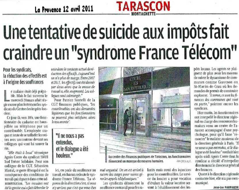CFTC DGFiP 62 : un fait GRAVISSIME. Article du Journal "La Provence"  du 12 avril 2011